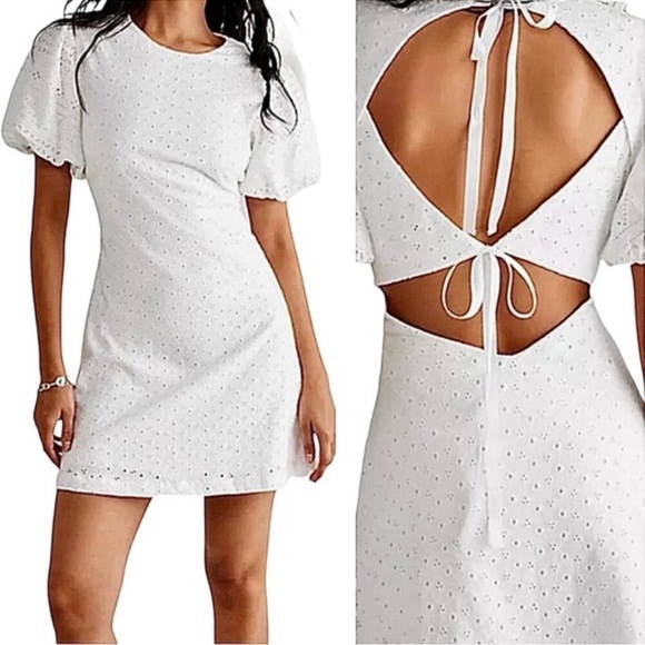 Free People Womens Apricot Rose Mini Dress Puff Sleeve Eyelet White Size L - Picture 3 of 10